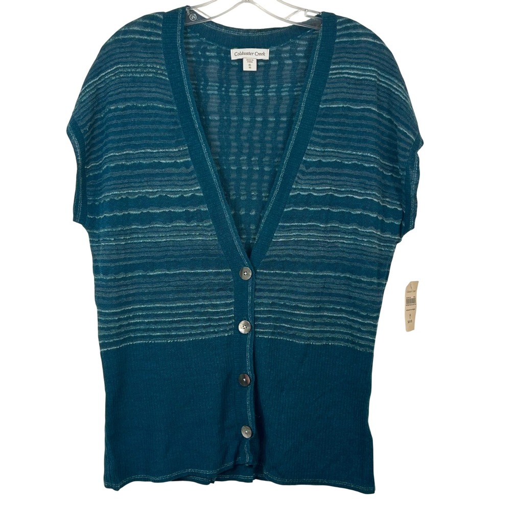 Coldwater Creek Nantucket Cardigan Vest XL Teal Striped Linen Blend NWT